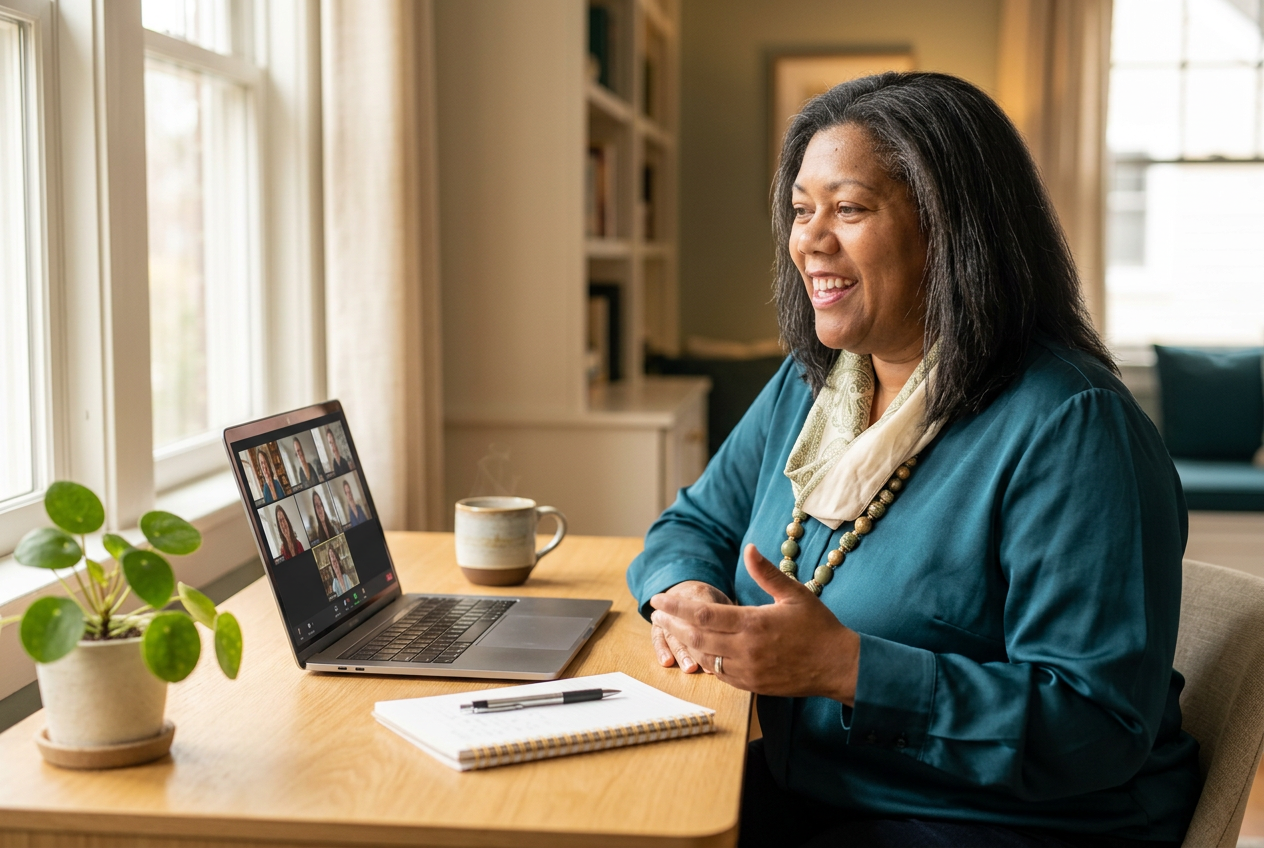 Anne-Marie Bond of MyWebTone talking with a client during an online video consultation from her home office