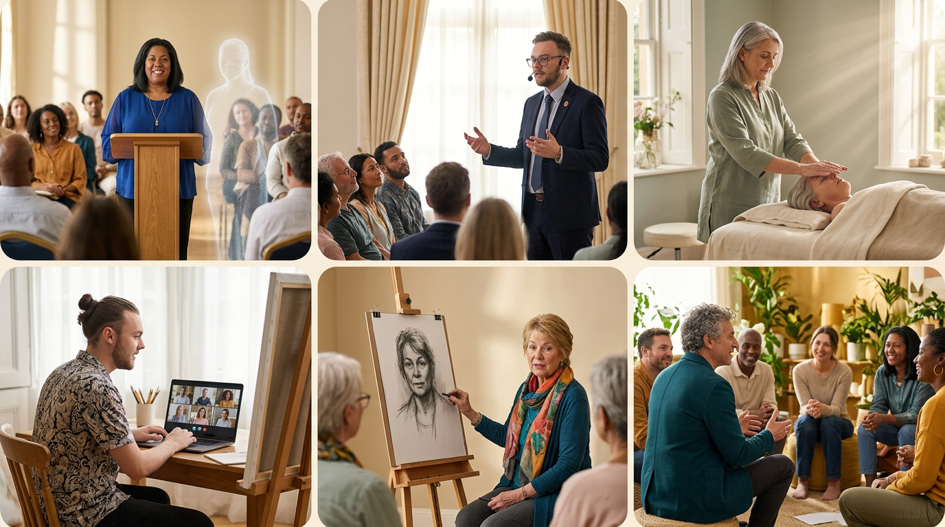 A montage of purpose-led people at work: a medium demonstrating from a lectern with a gentle spirit outline beside her, a motivational speaker addressing an audience, a healer offering healing on a treatment couch, an online art tutor teaching students by video, a spirit artist sketching a portrait for an audience, and a facilitator leading a diverse workshop circle.