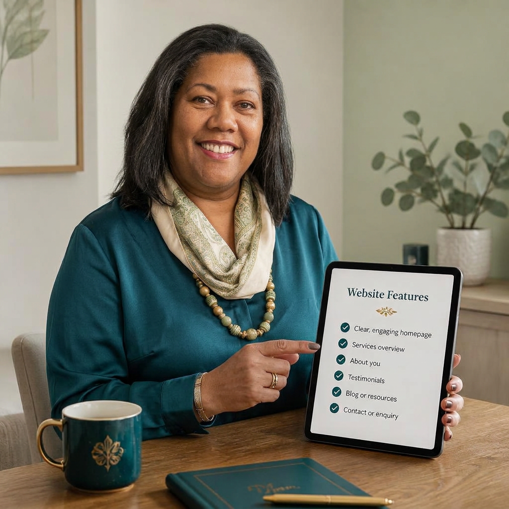 Anne-Marie smiling and pointing to a tablet showing a checklist of website features