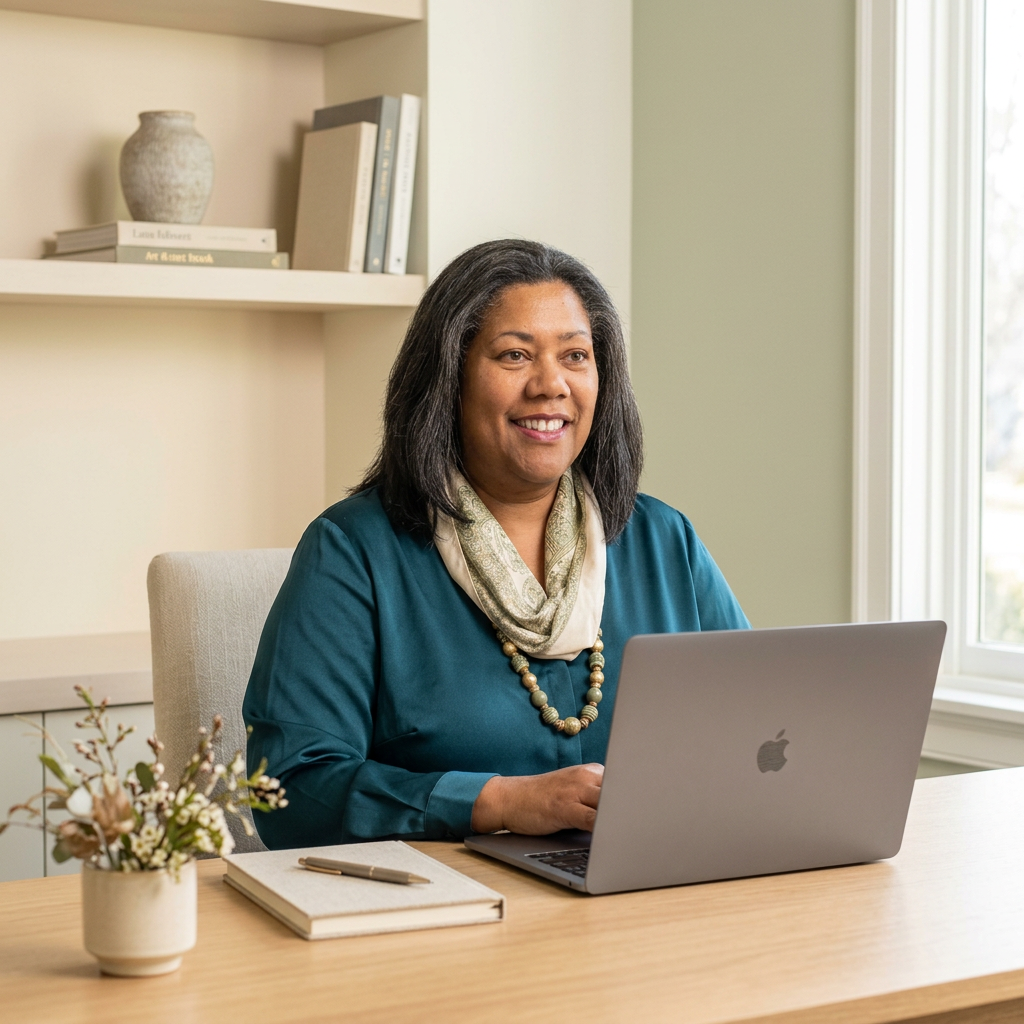 Anne-Marie working at a calm home desk with a laptop, ready to help design your website