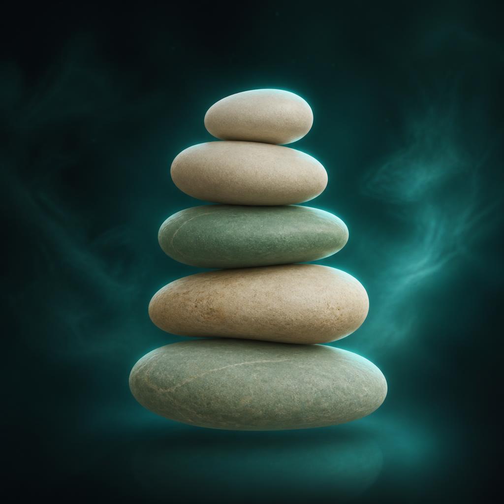 A balanced stack of smooth pebbles, representing calm, steady support