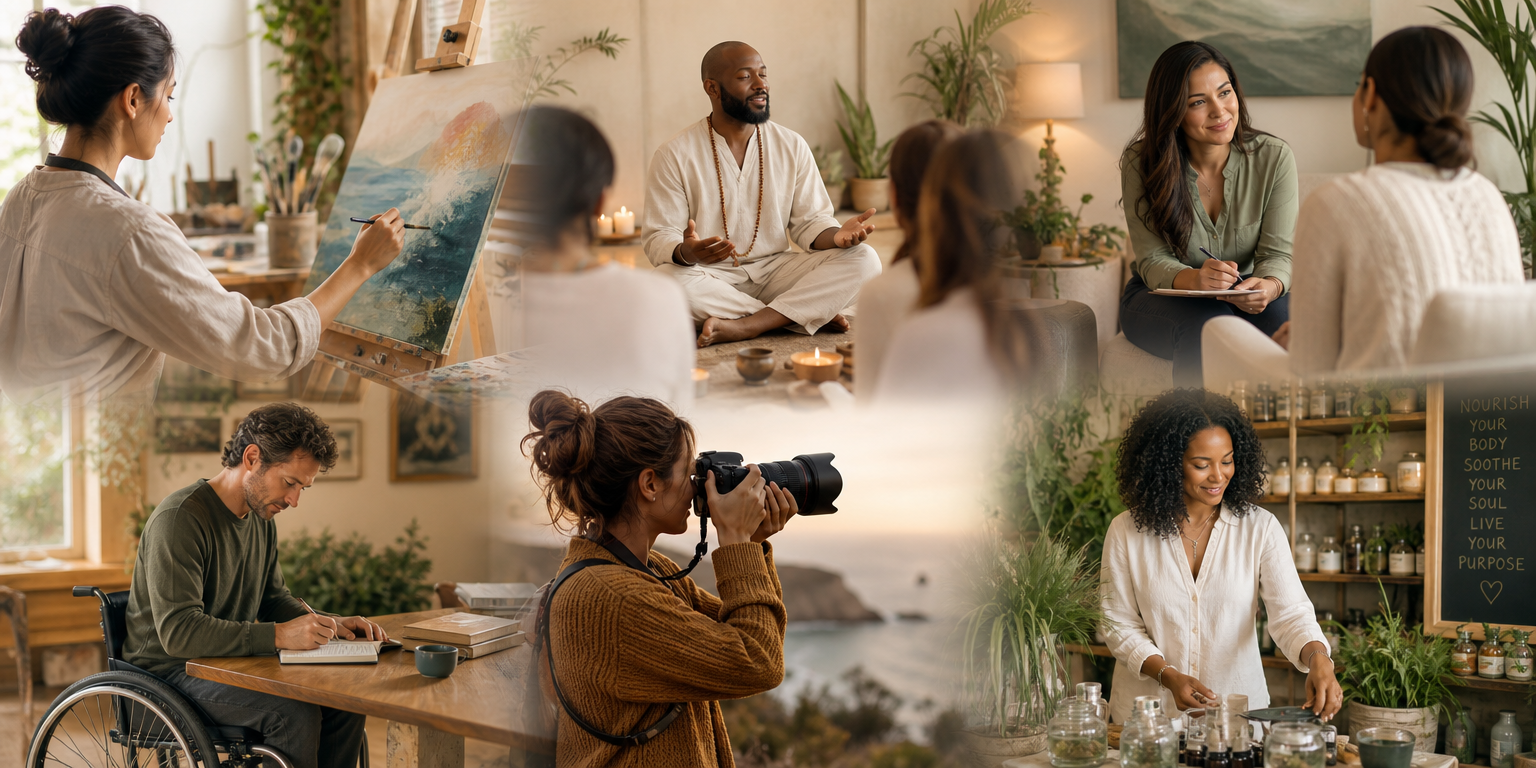 A warm montage of six passion-led professionals: an artist painting, a spiritual teacher meditating, a therapist talking with a client, an author in a wheelchair writing at a table, a photographer by the coast, and a holistic business owner arranging products.