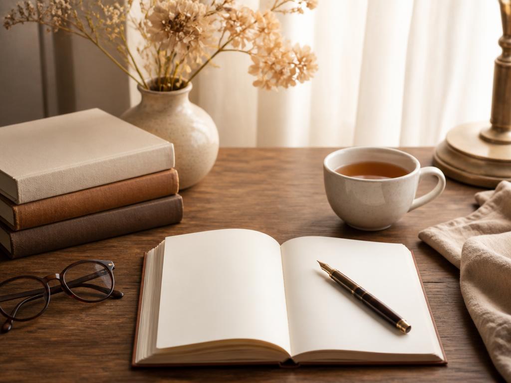 A writer's desk with an open notebook and fountain pen, a stack of books, reading glasses and a cup of tea