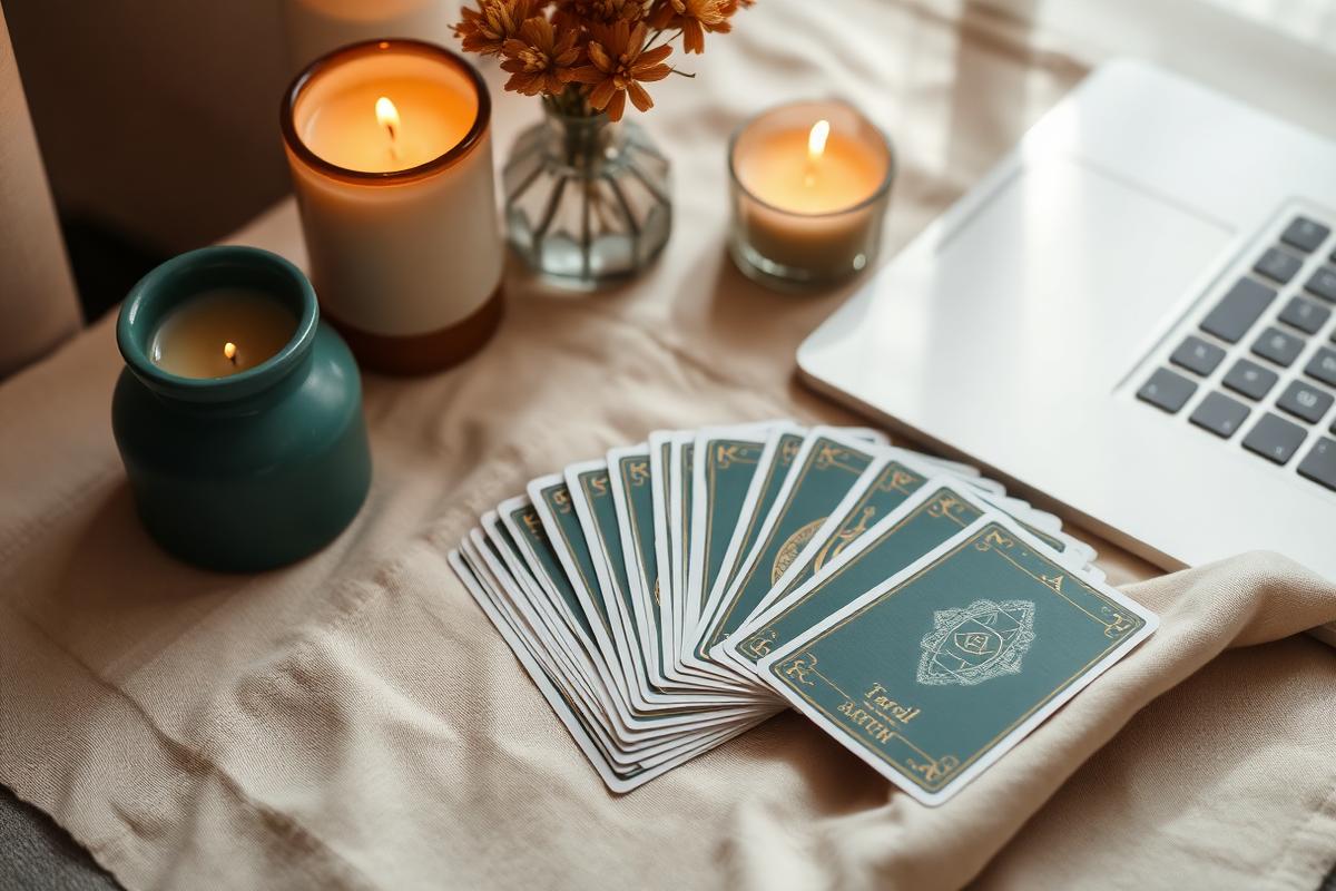 A fan of tarot cards on cream linen beside lit candles, dried flowers and a laptop in soft afternoon light