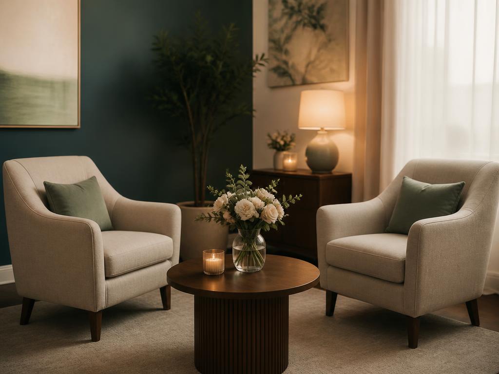Two comfortable armchairs facing each other in a warm, peaceful consultation room with candlelight and flowers