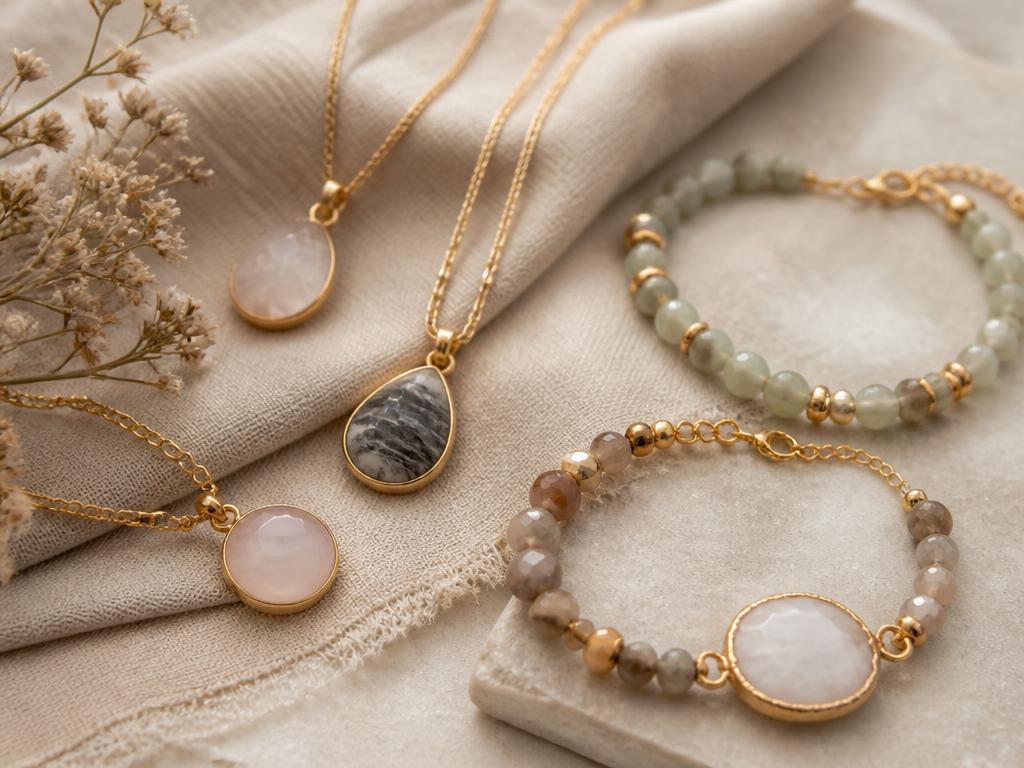 Handmade gemstone pendants and beaded bracelets arranged on natural linen in soft daylight