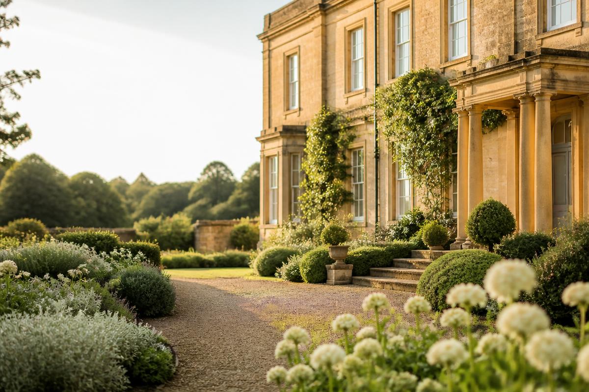 A sunlit golden-stone Somerset country house with climbing ivy, manicured gardens and a peaceful gravel path