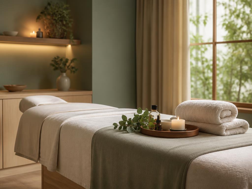 A calm holistic therapy room with a freshly dressed treatment couch, folded towels, oils and a lit candle