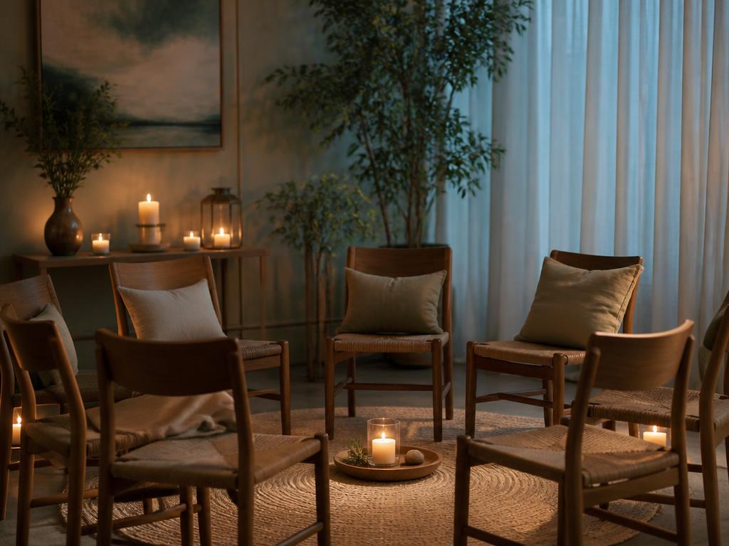 A softly lit circle of wooden chairs with candles glowing, set for a peaceful evening gathering