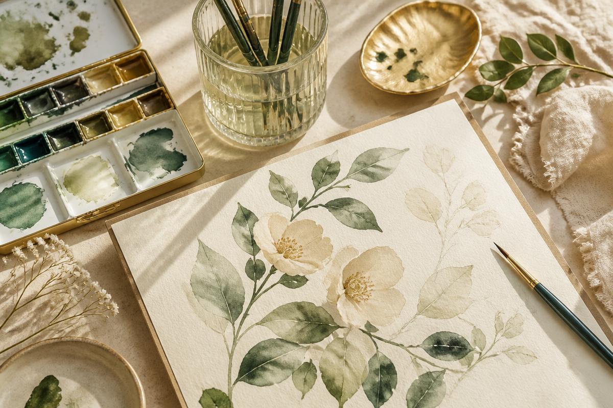 A sunlit desk with a watercolour palette, brushes, a water jar and a finished painting of pale green flowers