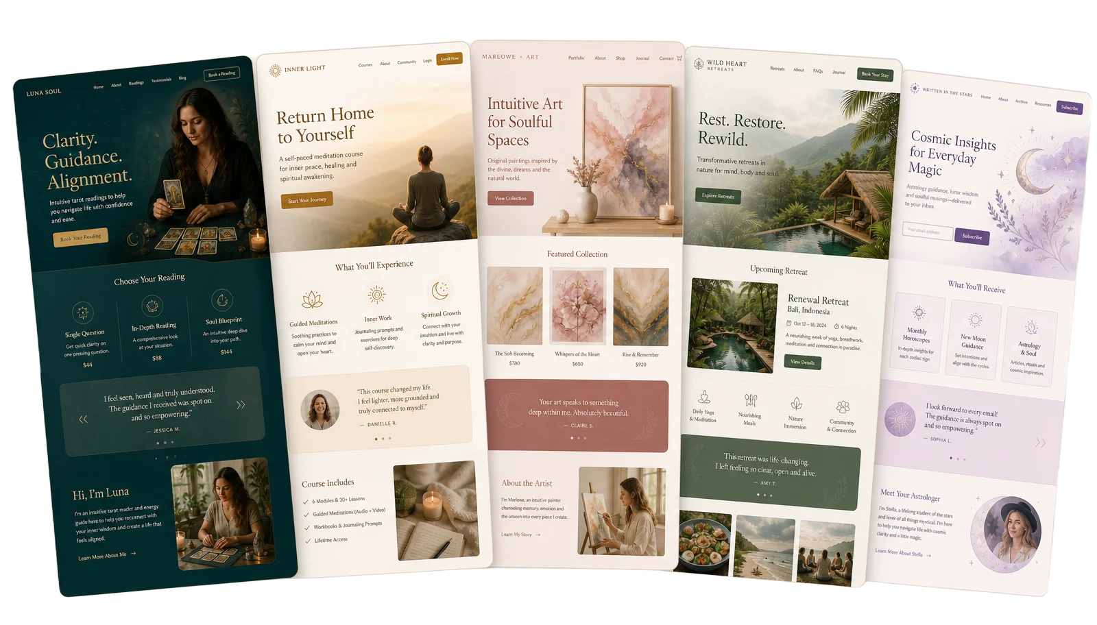A fan of five modern spiritual business website designs, each in its own brand colour